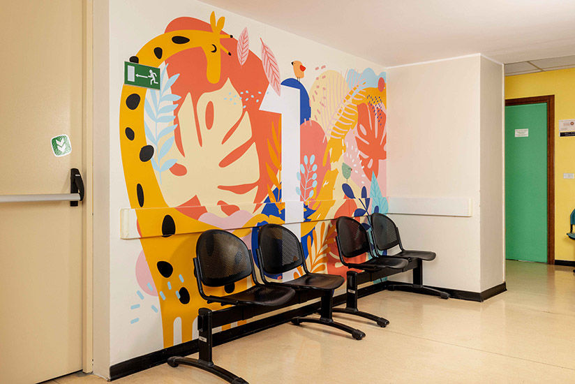 Colorful wall graphics in the waiting area