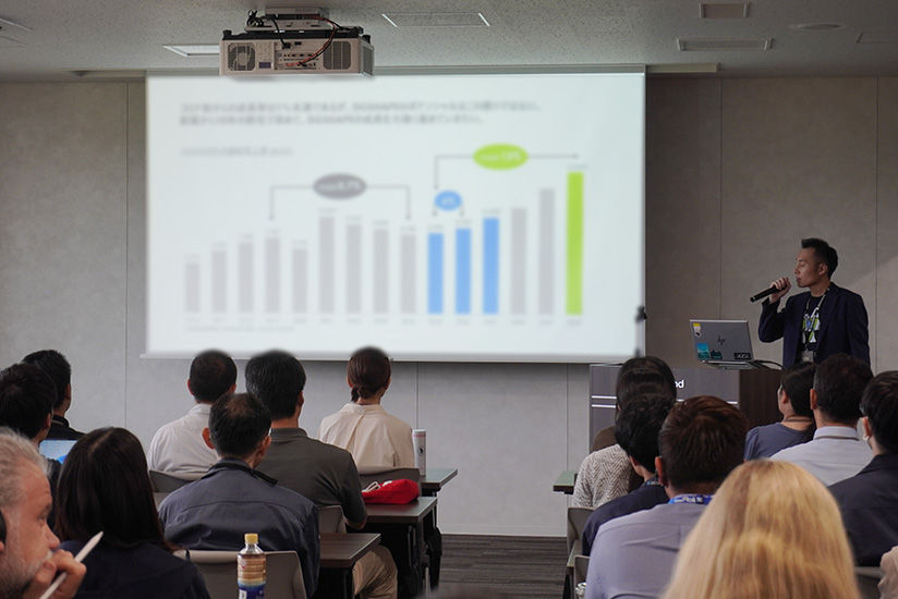 社長の外山が発表する様子