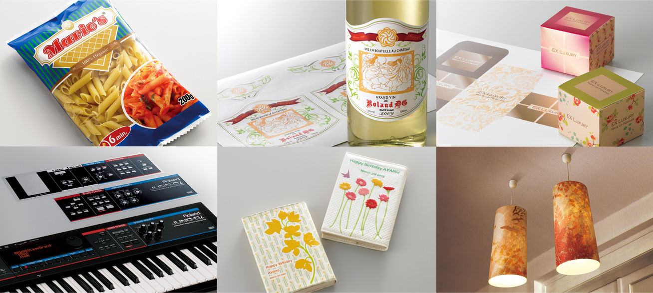 From left to right: package prototypes, labels and decals, cosmetics package prototypes, operation panel prototypes for industrial products, custom-made goods and interior decor items