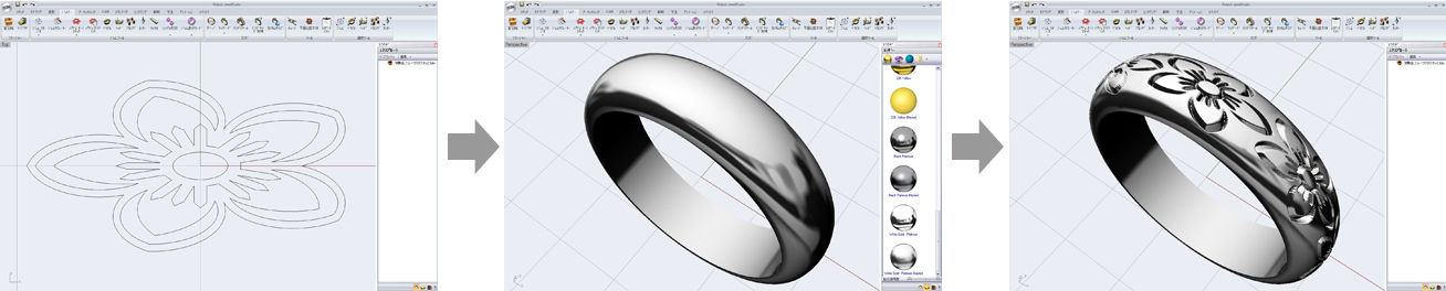 Creates 3D reliefs on the surface of jewelry using vector data.