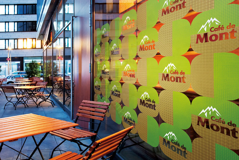 Translucent window display printed with CMYK+White inks and textured with layers of clear Gloss ink