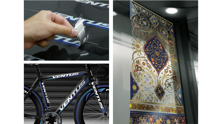 左)自転車ラベル/ステッカー、右)ウィンドウディスプレイ