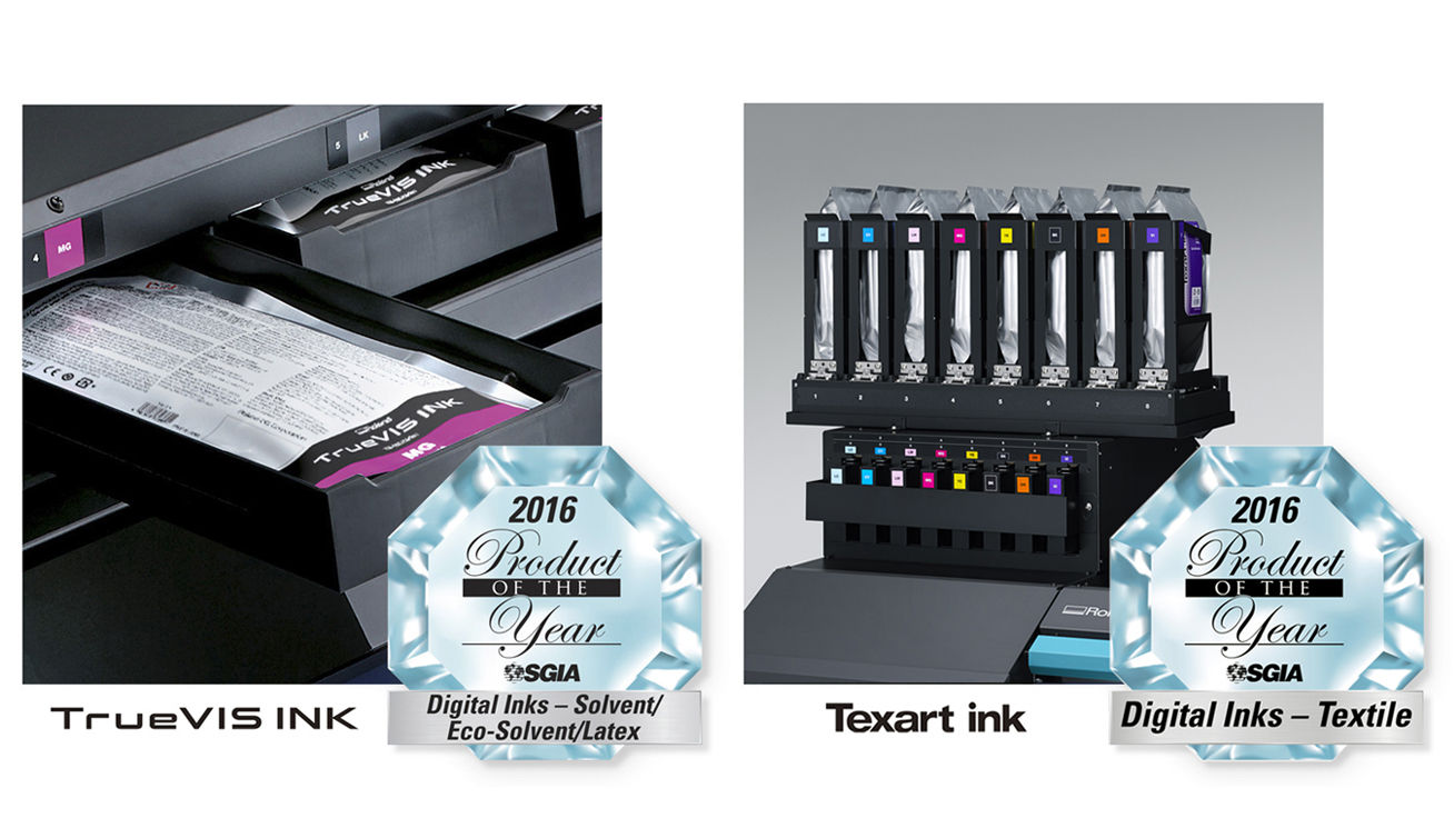 SGIAプロダクト・オブ・ザ・イヤーを受賞した「TrueVIS INK(トゥルービズ・インク)」(左)、「Texart ink(テックスアート・インク)」(右)