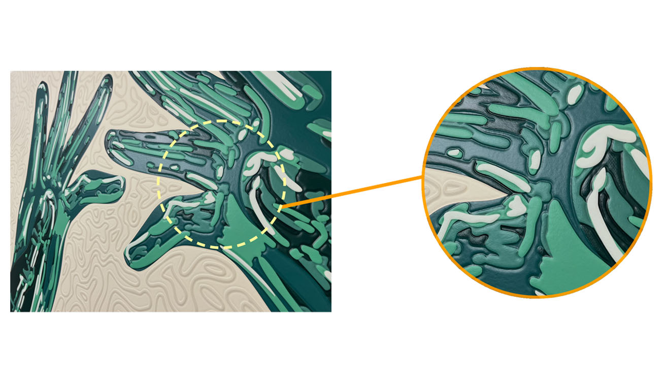 Embossing effects printed with DIMENSE technology