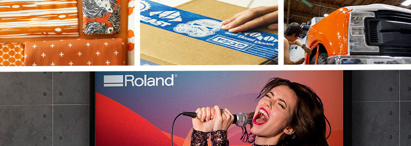 A collage of images of latex ink production including textiles, packing tape, vehicle wrap and a poster.