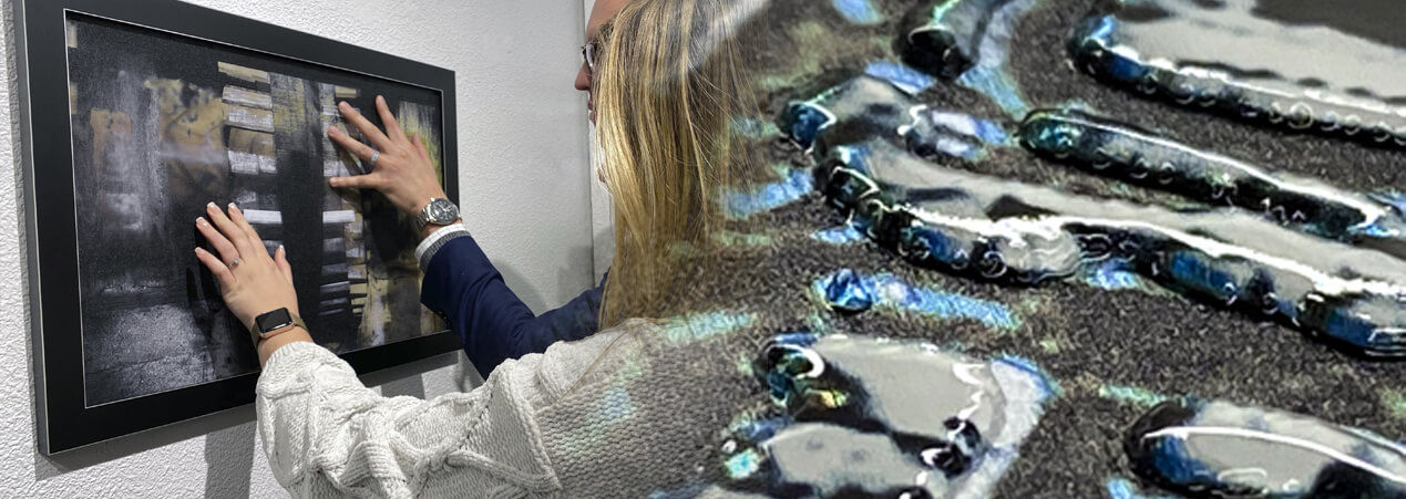 People touching braille artwork with closeup of textured print