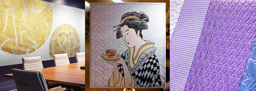 Collage of textured wall and art graphics produced on a DG DIMENSE structural printer.