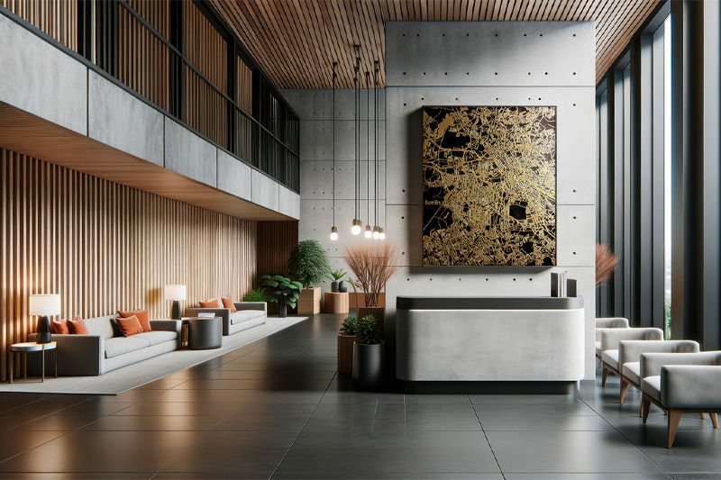 A hotel lobby with a large painting on the wall