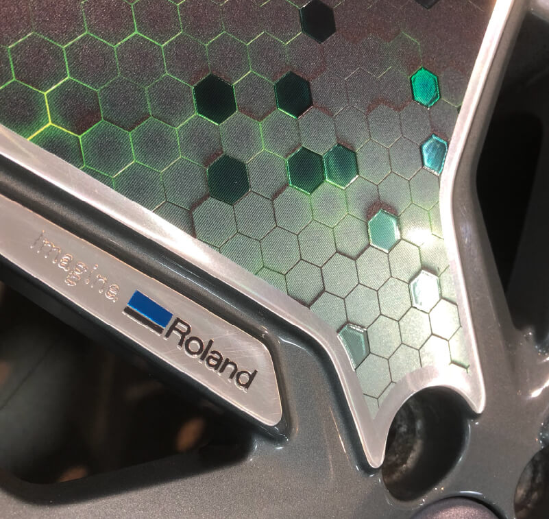 Close up of a wheel rim with UV printed details