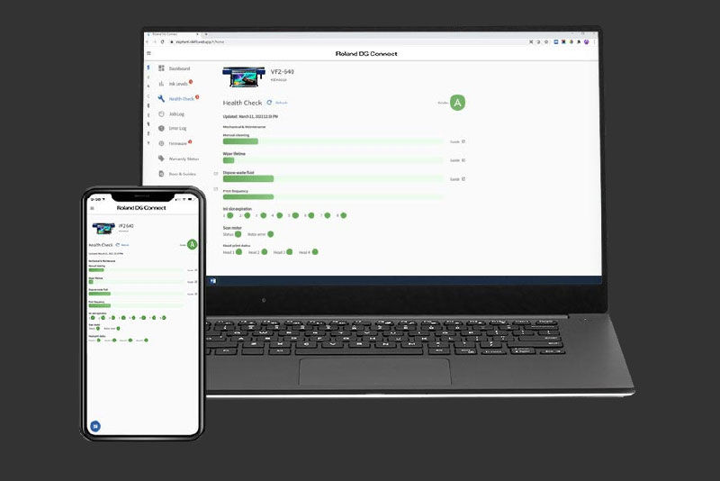 The Roland DG Connect app showing on a notebook and a mobile device