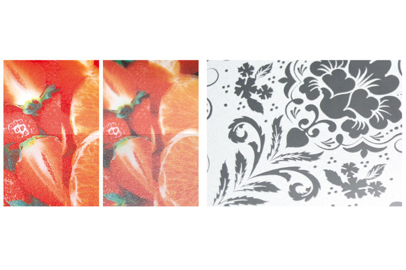 左)左がCMYK+オレンジ、レッド。右がCMYK。共に下半分は背景に白を印刷 右)ホワイトインクのきれいな再現
