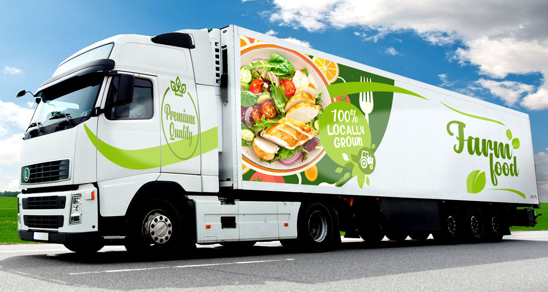 Long farm food truck with printed and cut graphics