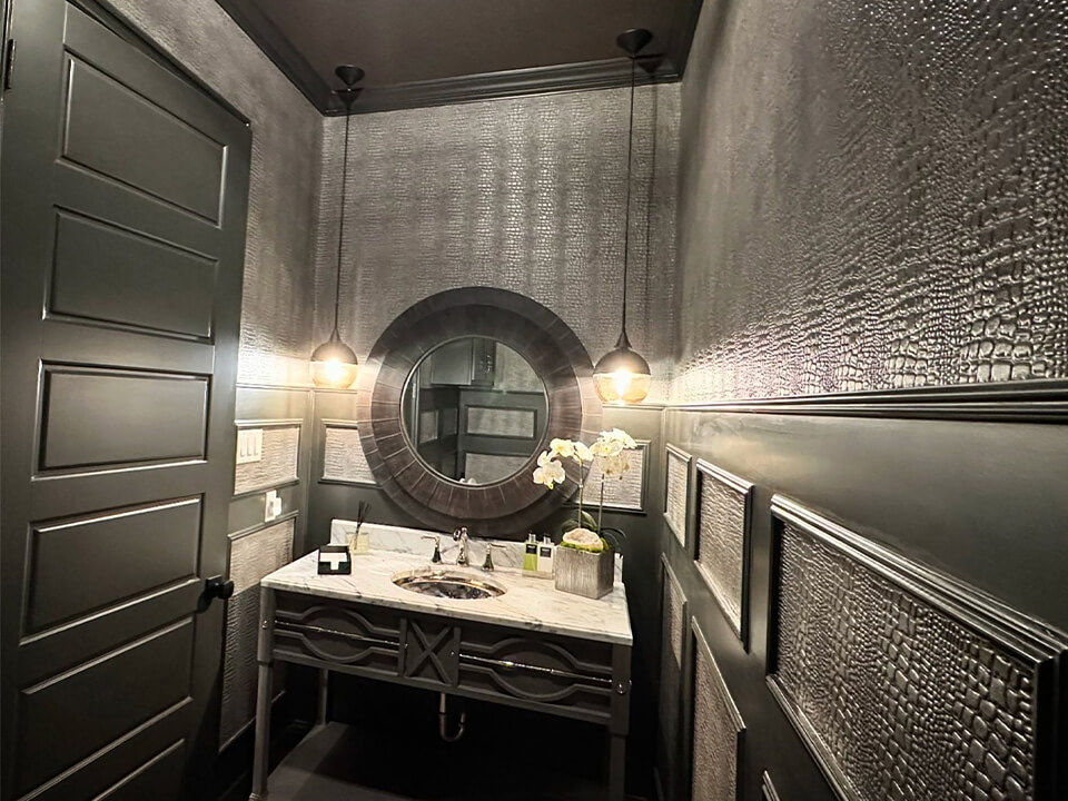 Close up of bathroom vanity and walls decorated with DG DIMENSE output.