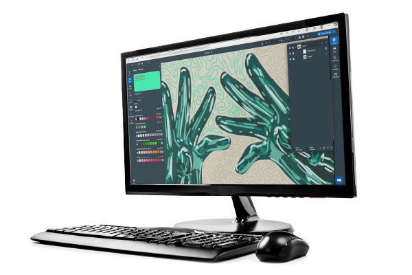 Roland DG Connect Designer DIMENSE Module software showcasing 3D embossing design tools, pattern templates, and visual preview features for the DA-640 textured printer