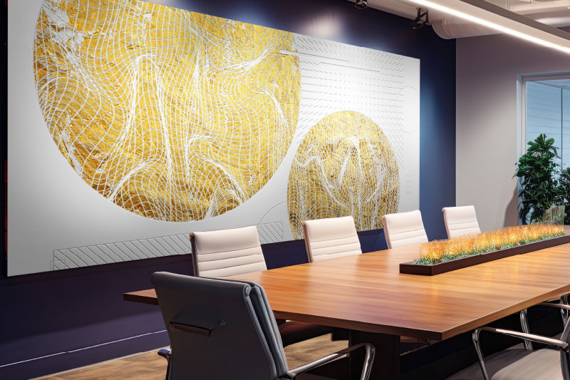 Textured wall art printed on DIMENSE media Gold textured wall art printed on DIMENSE specialty media in a modern meeting room