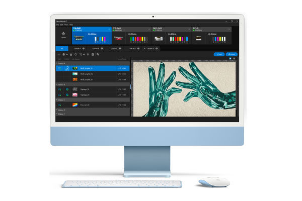 VersaWorks 7 RIP Software interface displayed on desktop screen, showing print job queue and preview for DA-640 textured print