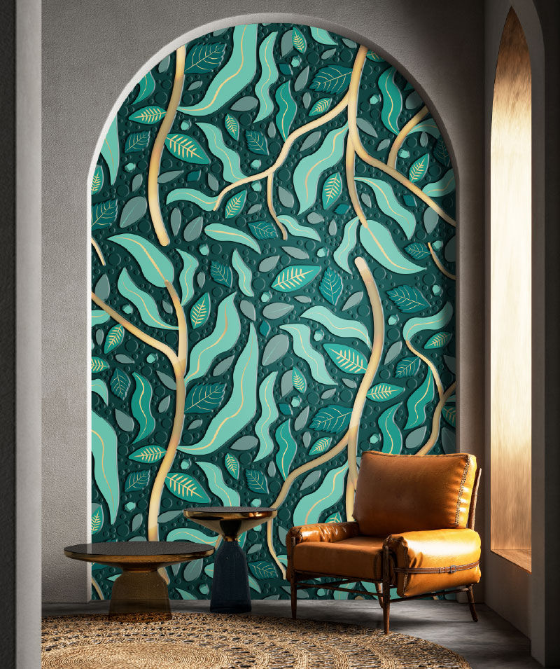 3D textured botanical wallcovering in a modern interior, printed using the Dimense DA-640 large-format water-based printer