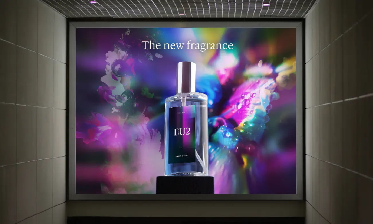 Product signage panel with large UV-printed promotional graphic