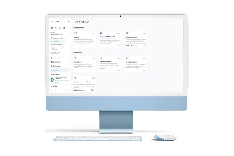 Roland DG Connect interface showing VersaWorks 7 add-ons for print workflow efficiency and reliability.