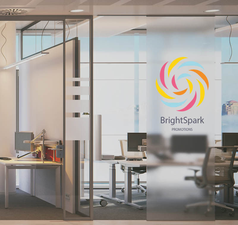 Large glass door with a printed logo