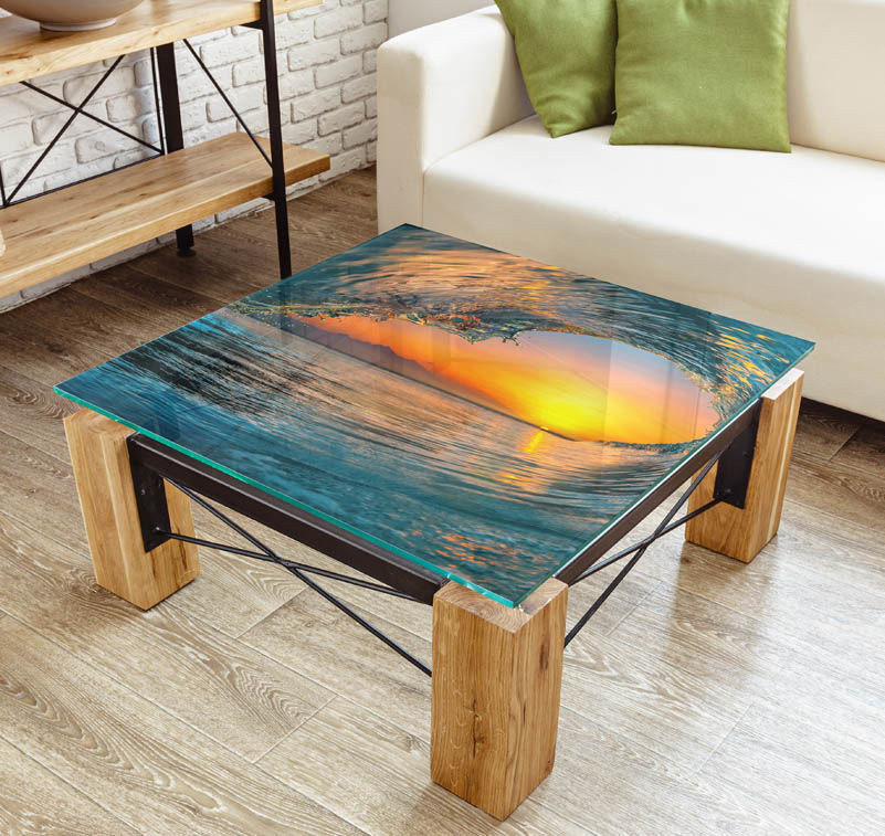 Artwork printed on a glass table top