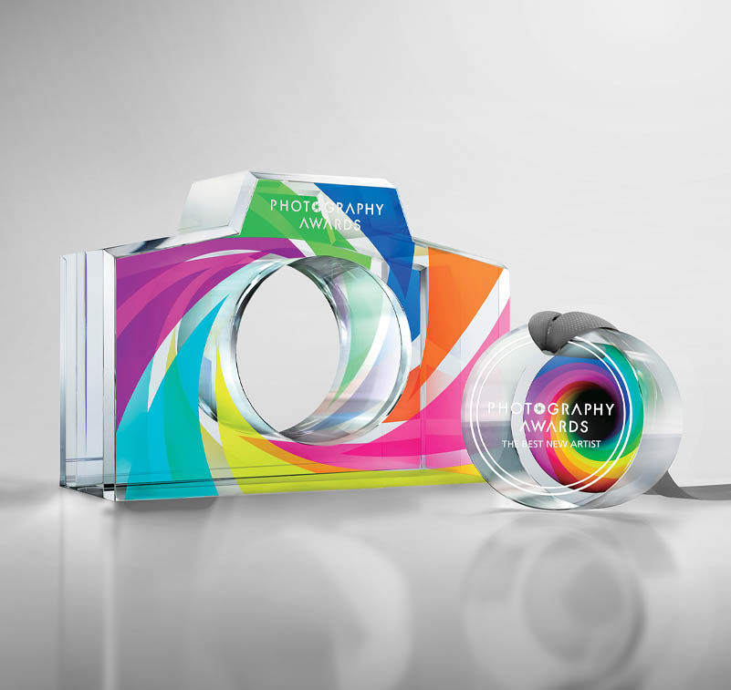 A trophy with graphics printed on glass