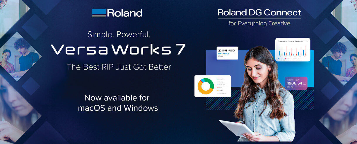 VersaWorks and DG Connect logos and woman looking at a tablet.